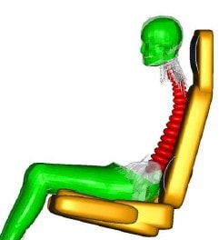 MADYMO detailed human model showing spine and skeletal structure during seated impact simulation