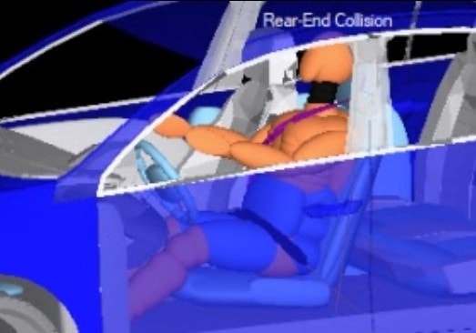 MADYMO rear-end collision simulation showing occupant response inside vehicle